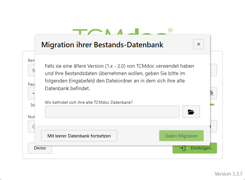 TCMdoc Anwender Dokumentation Startfenster - Migration der Bestandsdaten