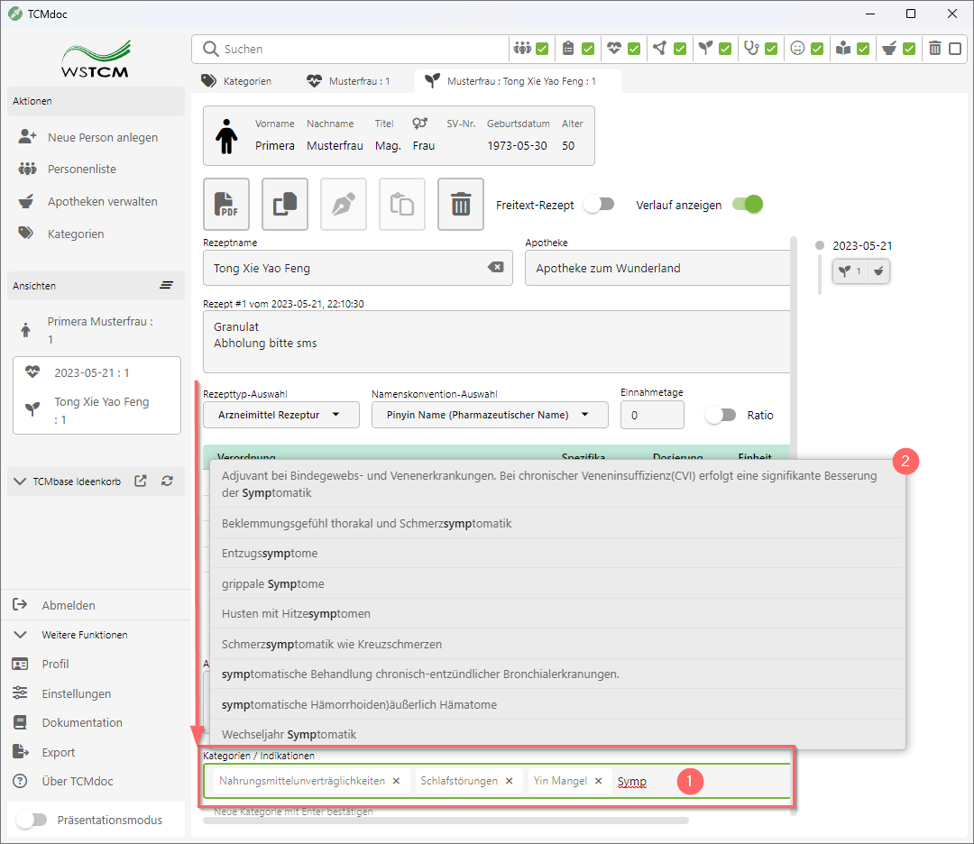 TCMdoc Anwenderhandbuch Kategorien Verwendung im Rezept