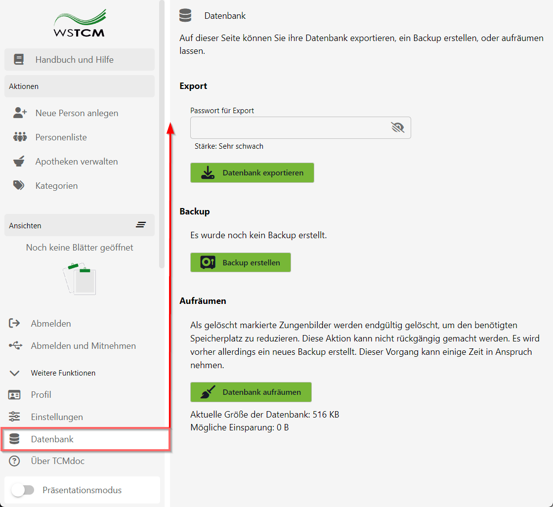 Illustration des Datenbank-Export-Bereichs im TCMdoc